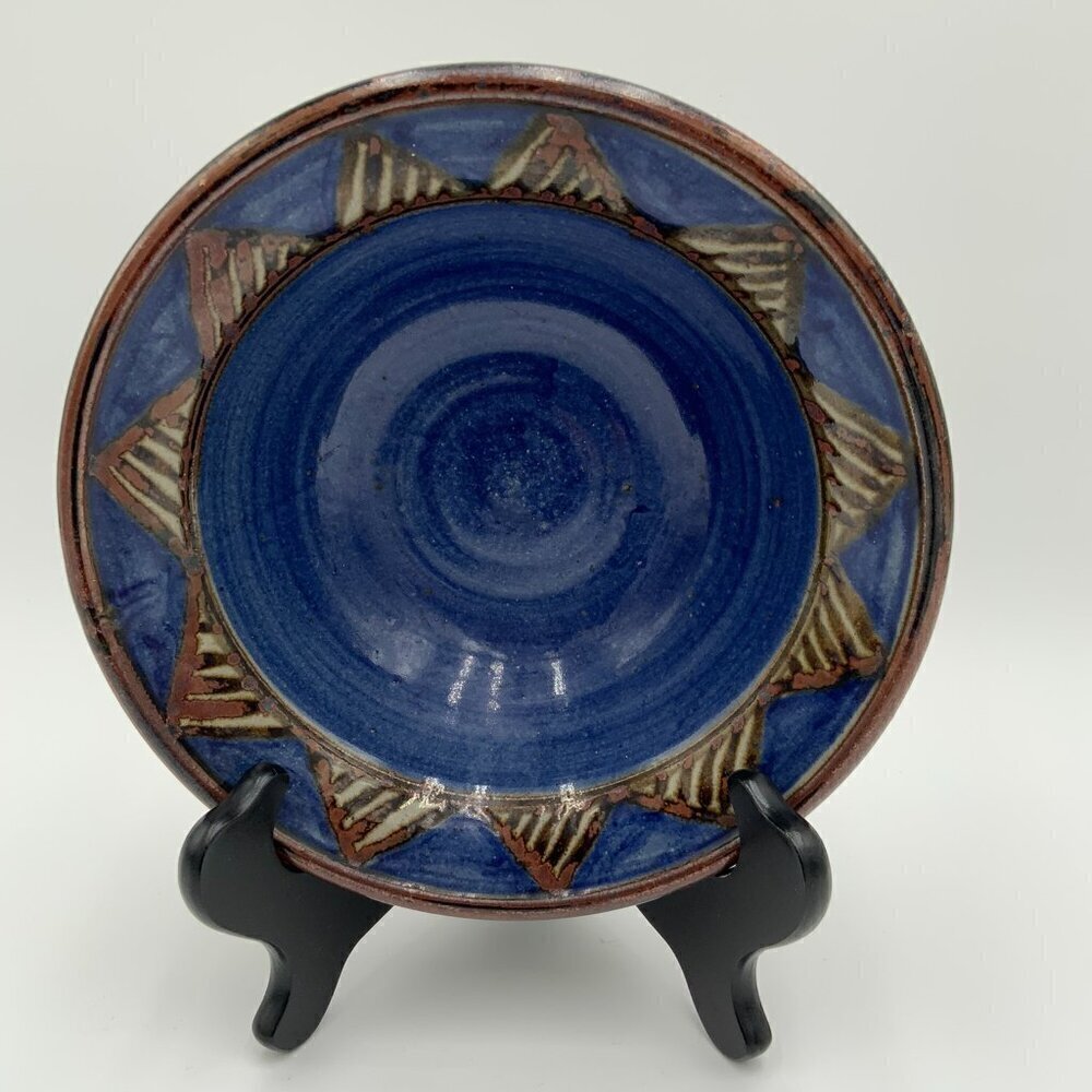 Handmade Signed Art Pottery Blue & Brown Sun Rays Bowl